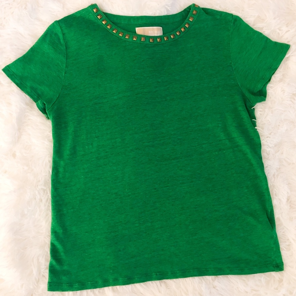 MICHAEL KORS Green 100% Linen Studded Neckline Top